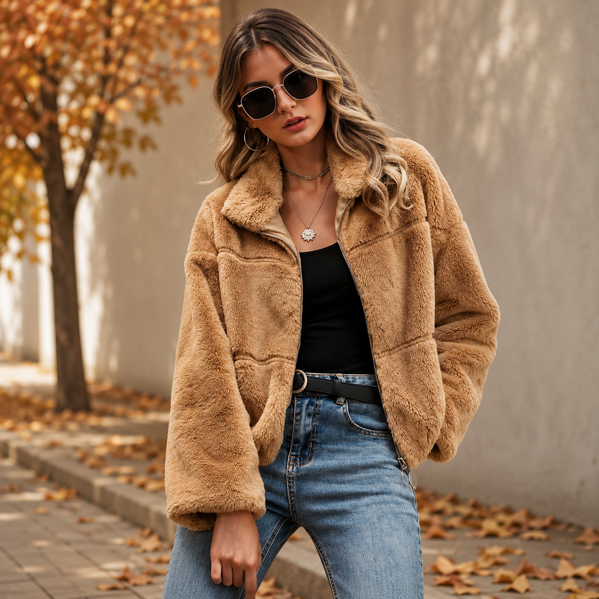 Amelia Teddyjacke Damen – Camel | Weich & Elegant